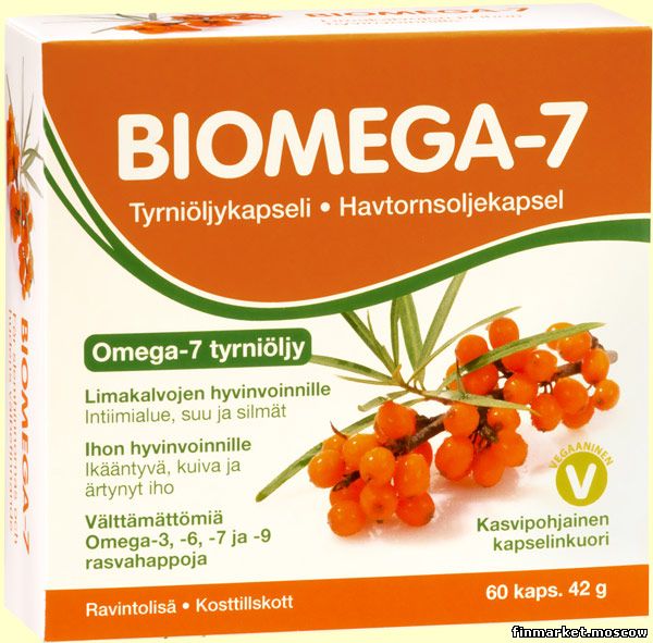 Заказать Biomega-7 Облепиховое масло холодного отжима 60 капсул в службе  доставки Finmarket-Moscow - товары из Финляндии в Москве